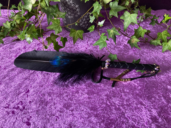 Black Turkey And Blue Peacock Smudge Feather with Amethyst